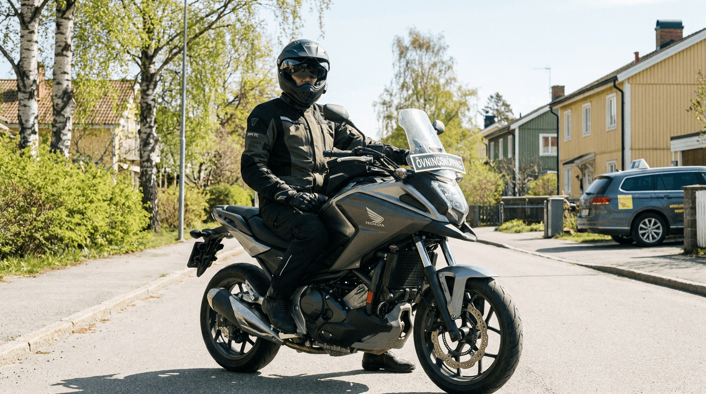 Ung motorcyklist i full skyddsutrustning på en mellanstor motorcykel på en solig gata i en svensk Stockholmsförort