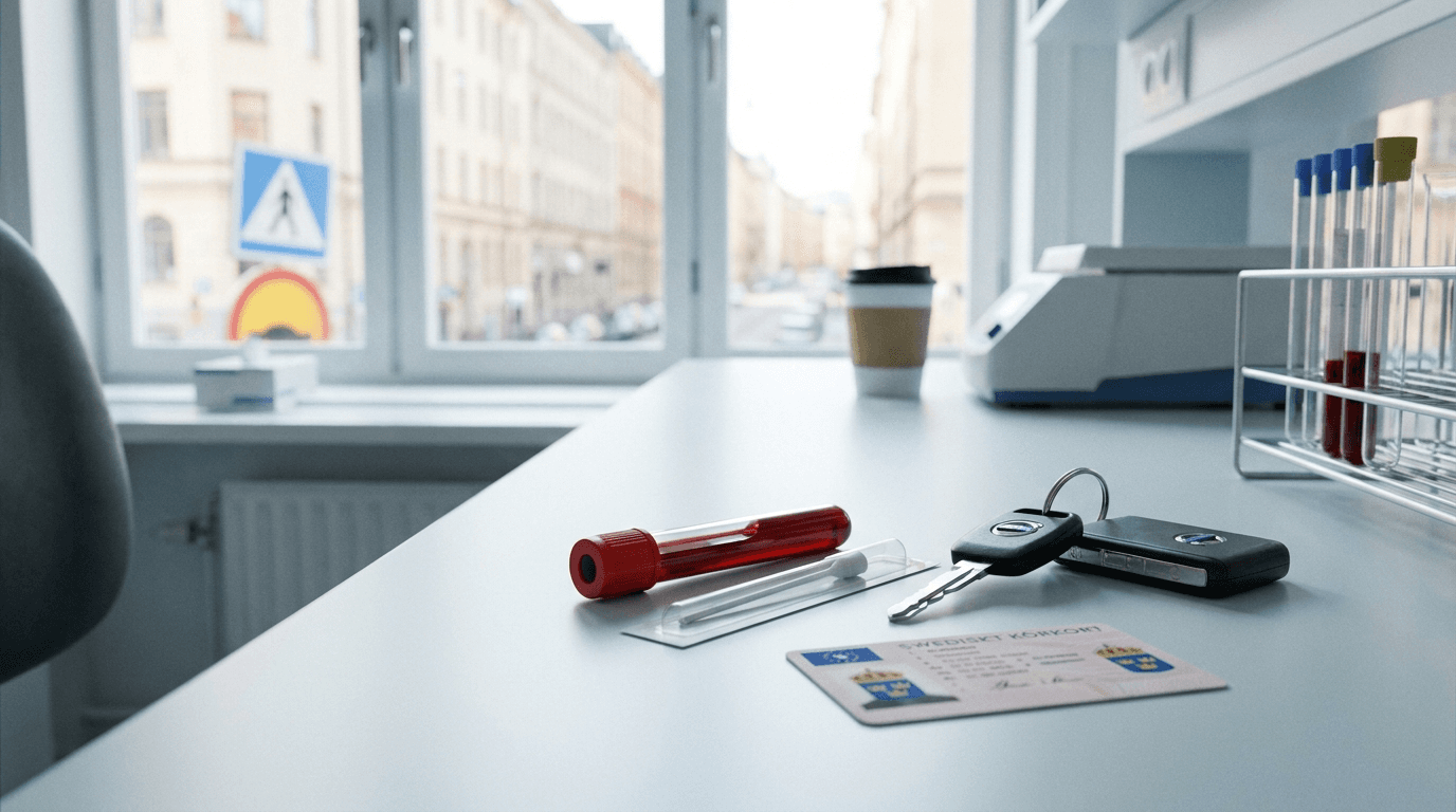 Blodprovsrör och provtagningskit på ett ljust laboratoriebord intill bilnycklar och ett svenskt körkort