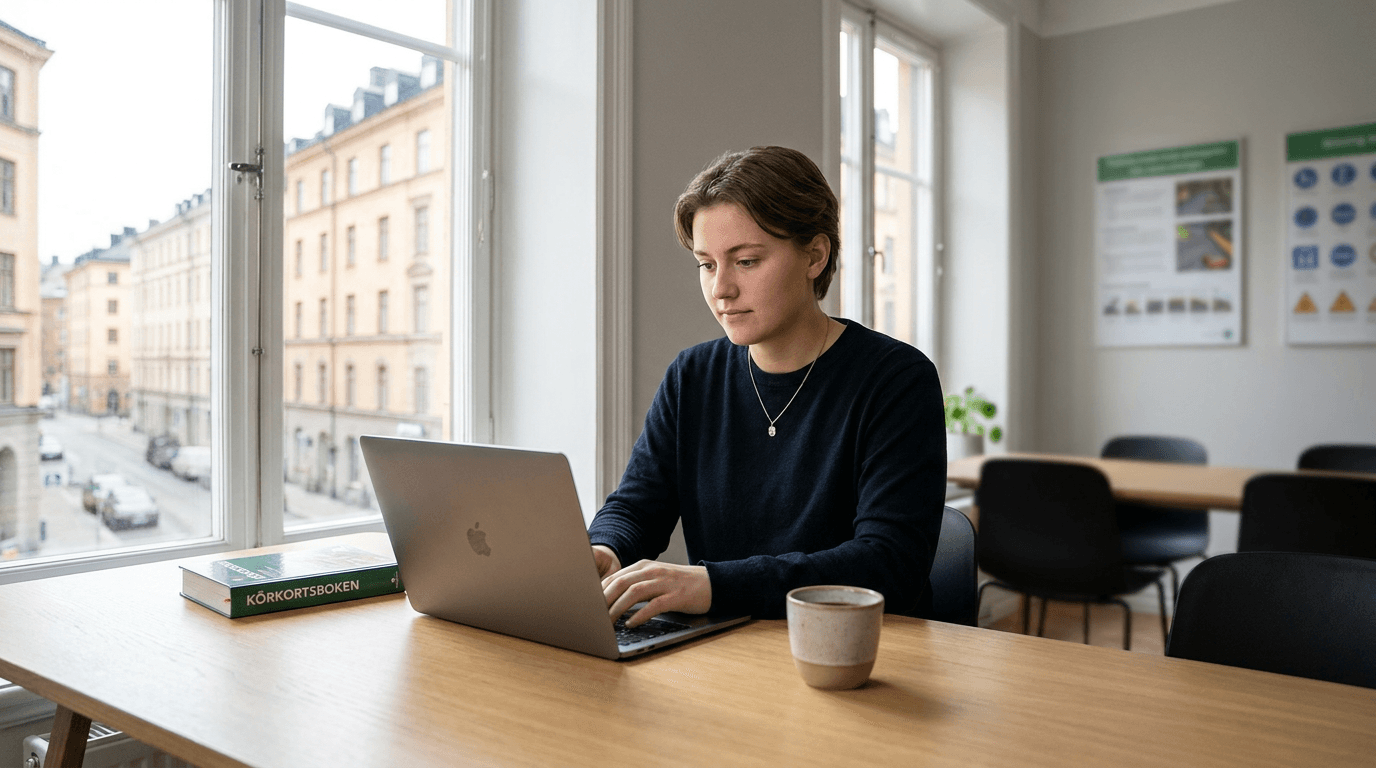Ung person bokar teoriprov vid datorn i ljus svensk miljö med körkortsbok på bordet